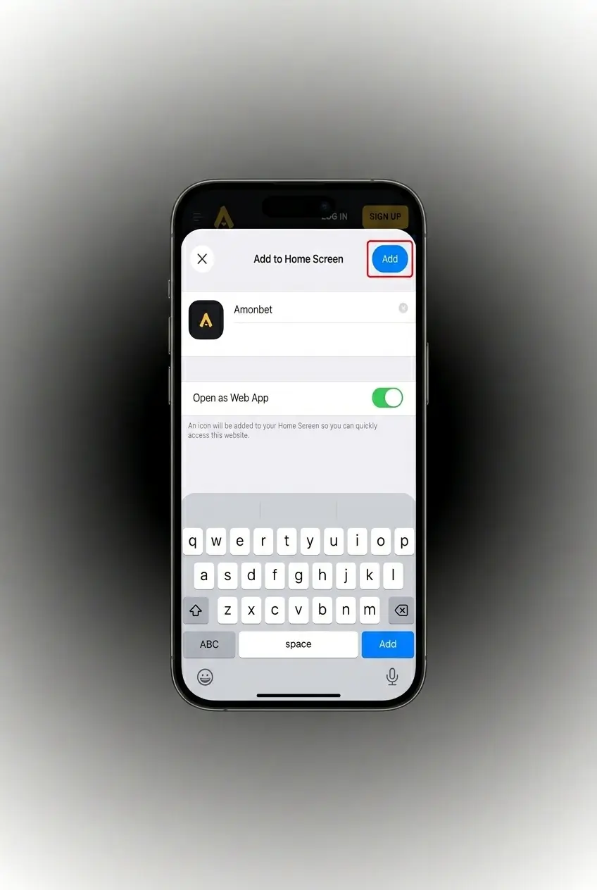 Step-by-step guide showing 4 steps to download and install the Amonbet iOS app on iPhone or iPad