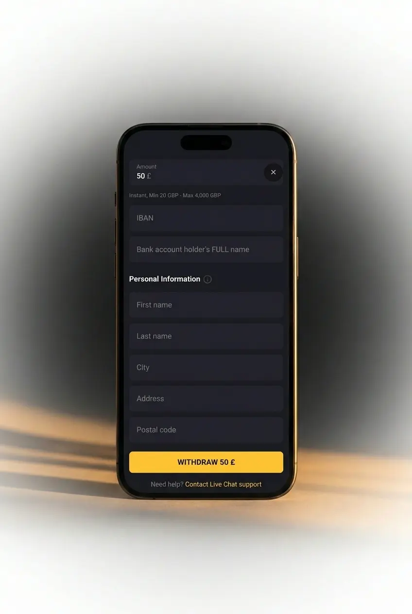 Amonbet withdrawal steps showing cashier section, payment method selection, and £20–£10,000 transaction limits
